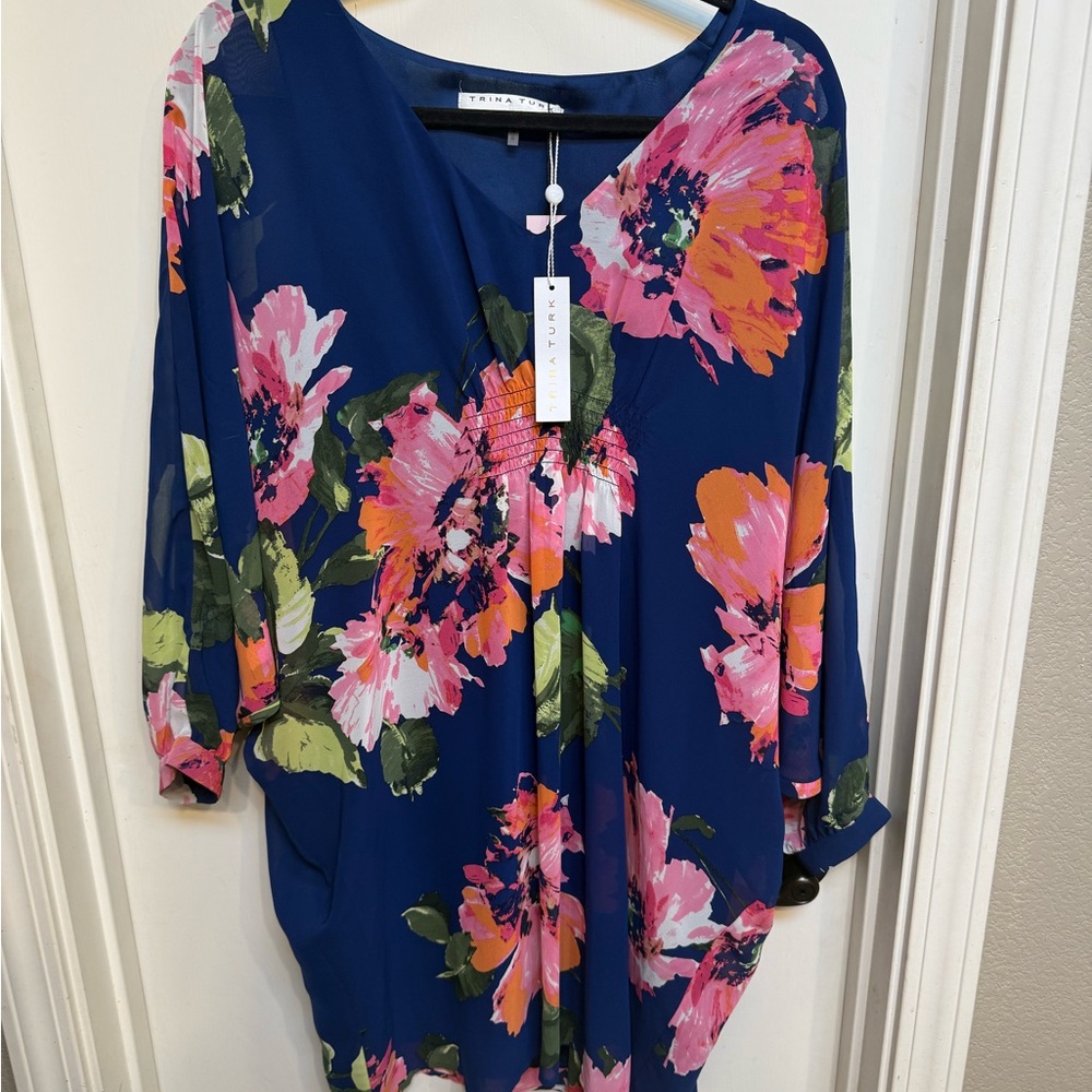 Trina Turk Vibrant Floral Blouse in Navy